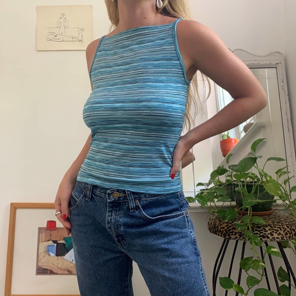 SOLD Vintage 90s Blue Stripe Shimmer High Neck Tank Top Size M - Picture 3 of 7